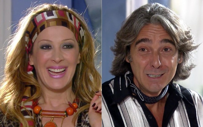 Montagem com os atores Claudia Raia e Alexandre Borges em cena de Ti Ti Ti