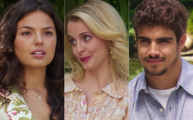 Montagem com os atores Isis Valverde, Maria Helena Chira e Caio Castro em cena de Ti Ti Ti