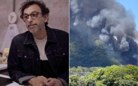 Montagem com o diretor Carlos Araújo à esquerda e o cenário da Globo em chamas à direita