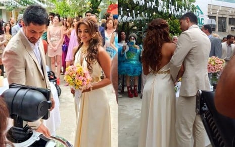 Montagem de fotos de Romulo Estrela e Lucy Alves no casamento de seus personagens em Travessia