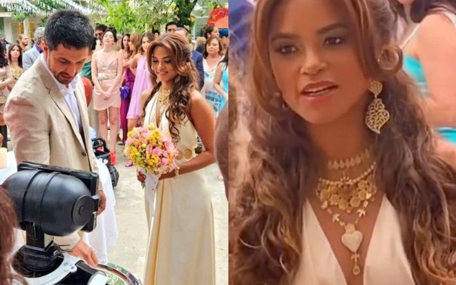 Romulo Estrela e Lucy Alves durante a gravação da cena do casamento de Brisa e Oto na novela Travessia, da Globo