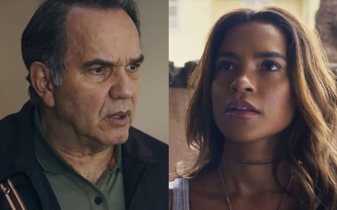 Montagem com foto de Humberto Martins, o Guerra, e Lucy Alves, a Brisa, em cenas de Travessia