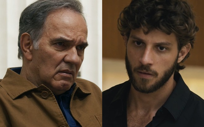 Montagem com uma foto de Humberto Martins, o Guerra, e outra de Chay Suede, o Ari, em cenas de Travessia; eles se encaram, sérios