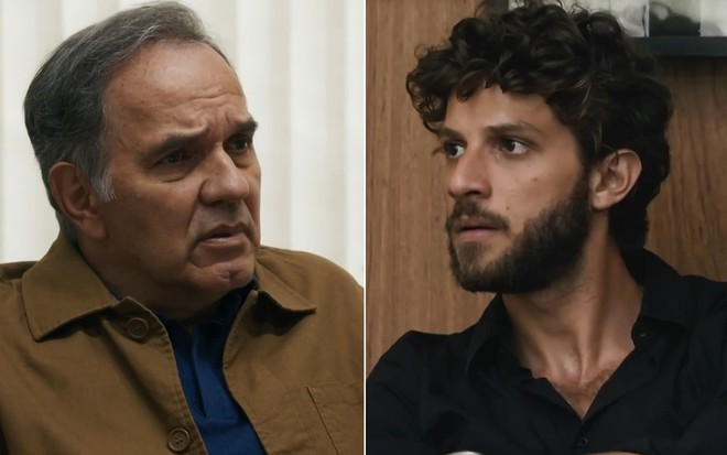 Montagem com as fotos de Humberto Martins e Chay Suede, caracterizados como seus personagens em Travessia