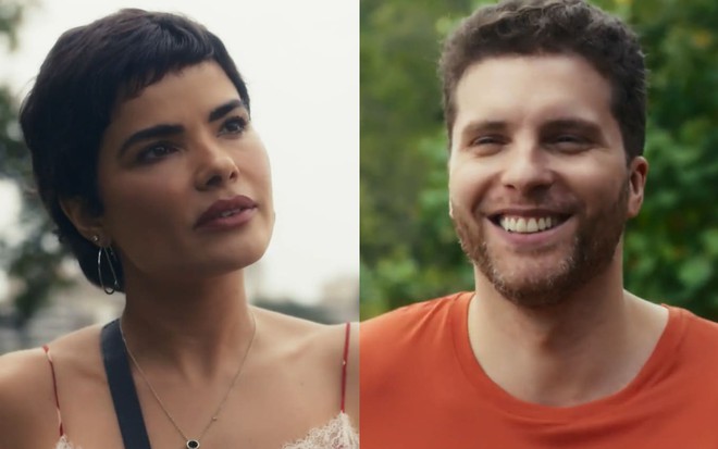 Montagem com foto de Vanessa Giácomo, a Leonor, e Thiago Fragoso, o Caíque; ambos sorriem, se encarando