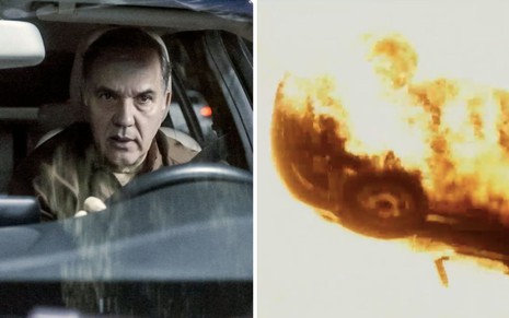 Montagem com Humberto Martins como Guerra à esquerda e um carro pegando fogo à direita