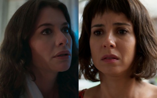 Montagem com as fotos de Bárbara (Alinne Moraes) e Lara (Andréia Horta) em cenas de Um Lugar ao Sol