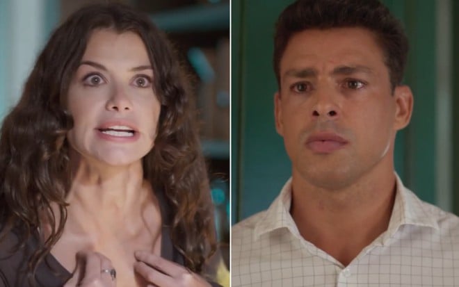 Bárbara (Alinne Moraes) e Christian/Renato (Cauã Reymond) em montagem de cenas de Um Lugar ao Sol