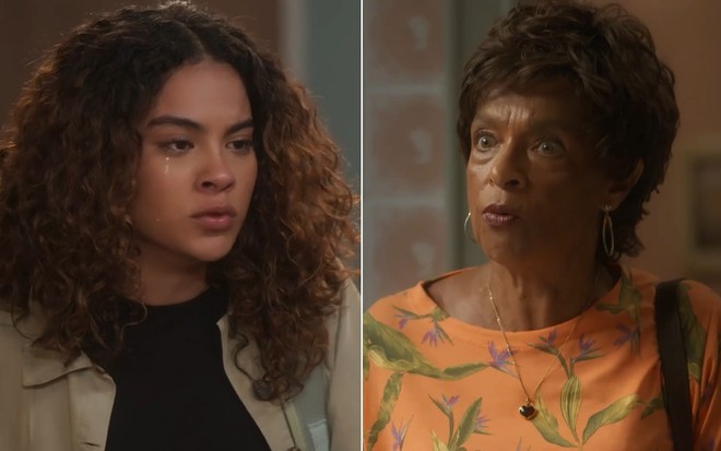 montagem de Jeniffer (Bella Campos) e Marlene (Elisa Lucinda) com expressões dramáticas em cena de Vai na Fé