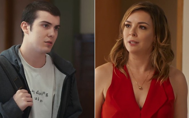 Montagem com fotos de Rafa (Caio Manhente) e Clara (Regiane Alves) em cenas de Vai na Fé
