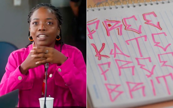 A atriz Clara Moneke como Kate à esquerda e um cartaz com 'Free Kate and free Britney' à direita em Vai na Fé