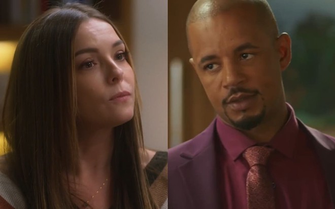 Montagem com uma foto de Regiane Alves, a Clara, e outra de Jonathan Haagensen, o Orfeu; ambos se encaram, sorridentes