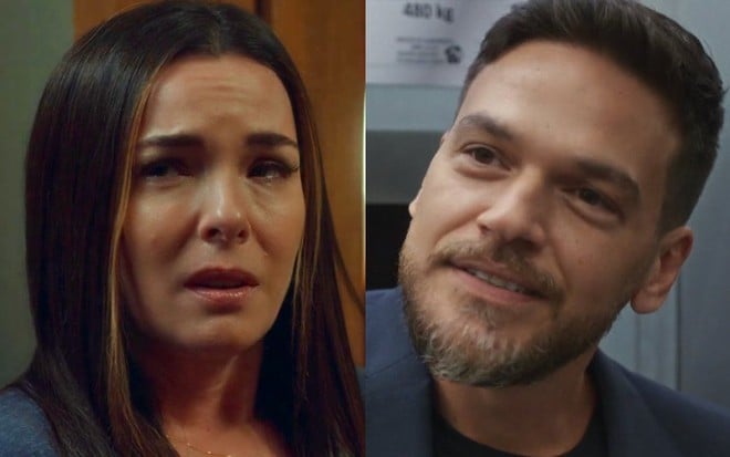 Montagem de imagens dos atores Regiane Alves e Emilio Dantas em cenas da novela Vai na Fé, da Globo