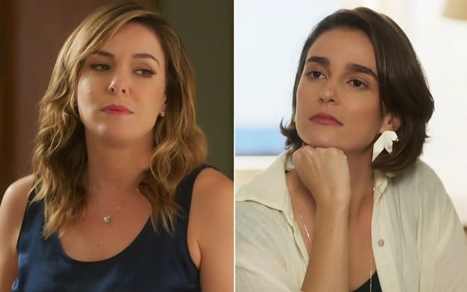 Montagem de Clara (Regiane Alves) e Helena (Priscila Sztejnman) sérias em cena de Vai na Fé