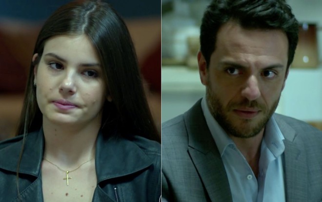 Montagem de fotos com os personagens Angel (Camila Queiroz, à esquerda) e Alex (Rodrigo Lombardi) se olhando de forma séria em Verdades Secretas, novela das onze da Globo