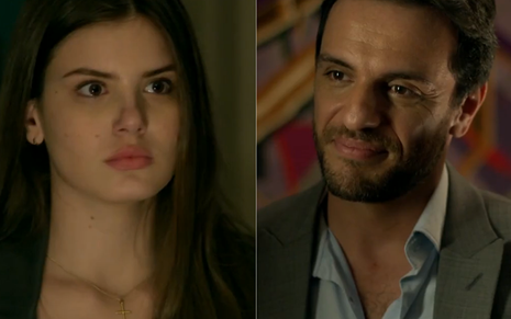Camila Queiroz grava cena com expressão tensa para Rodrigo Lombardi, que dá um sorriso falso para ela, como Angel e Alex