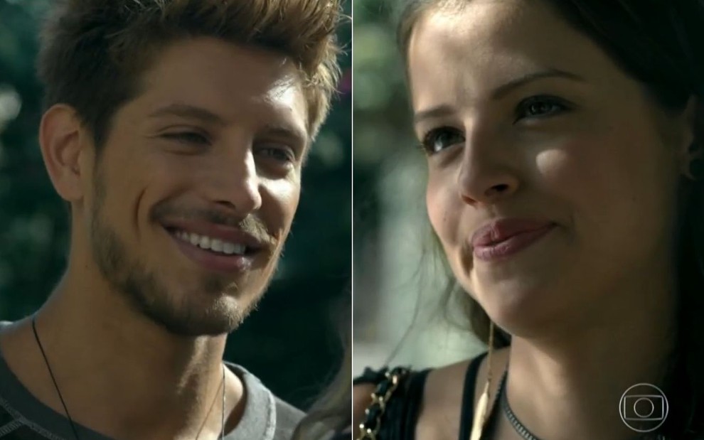 Christian Villegas e Agatha Moreira gravam cena sorrindo, como Daniel e Giovanna em Verdades Secretas