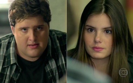 Montagem de fotos com os personagens Eziel (Felipe Hintze) à esquerda; e Angel (Camila Queiroz) em cena da novela Verdades Secretas, da Globo