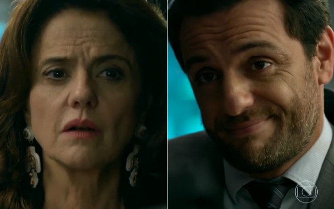 Marieta Severo grava cena com expressão de espanto para Rodrigo Lombardi, que sorri, como Fanny e Alex em Verdades Secretas
