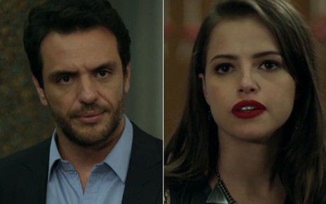 Rodrigo Lombardi e Agatha Moreira gravam cena ambos com expressão séria, como Alex e Giovanna em Verdades Secretas, da Globo