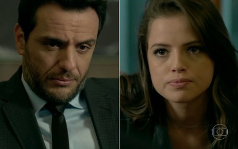 Rodrigo Lombardi e Agatha Moreira gravam cena ambos com expressão séria, como Alex e Giovanna em Verdades Secretas, da Globo