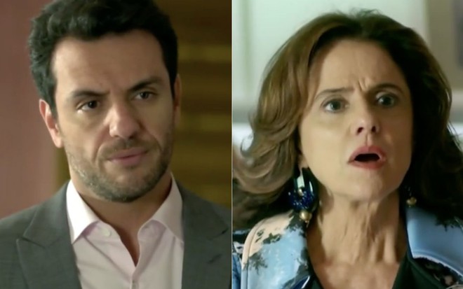 Montagem de fotos com os personagens Alex (Rodrigo Lombardi, à esquerda), que olha sério e bravo, e Fanny (Marieta Severo, à direita), que olha surpresa, em cena da novela Verdades Secretas, da Globo