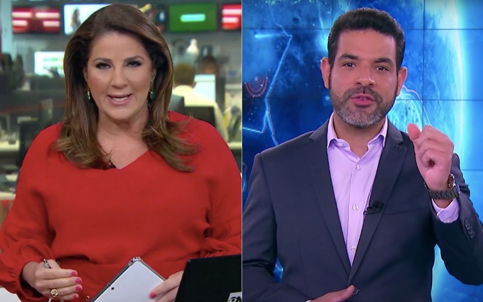 Montagem de fotos com os jornalistas e apresentadores Christiane Pelajo no Edição das 16h na GloboNews (à esq.) e Darlisson Dutra no SBT