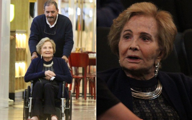 Montagem de Glória Menezes em uma cadeira de rodas e outra foto da atriz em close