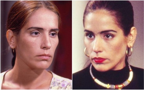 A atriz Gloria Pires em montagem de duas fotos como Ruth (à esquerda) e Raquel (à direita) em cenas de Mulheres de Areia (1993)