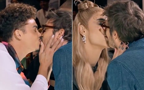 Montagem com Silvero Pereira beijando Porchat à esquerda e Pabllo Vittar beijando Porchar à direita