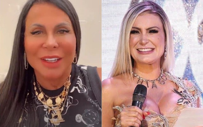Montagem de fotos lado a lado: Gretchen de blusa preta e colares dourados, e Andressa Urach sorri com microfone em mãos