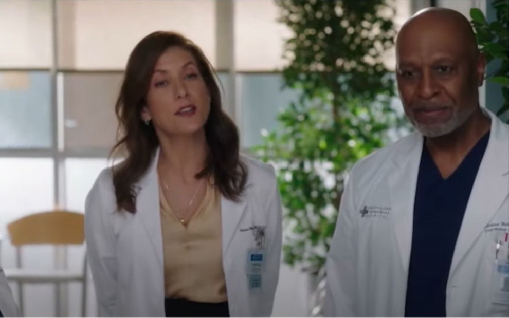 Kate Walsh e James Pickens Jr. em cena da 18ª temporada de Grey's Anatomy