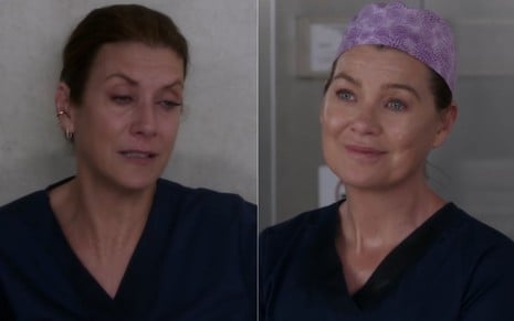 Montagem com fotos de Kate Walsh e Ellen Pompeo em cena do terceiro episódio da 18ª temporada de Grey's Anatomy