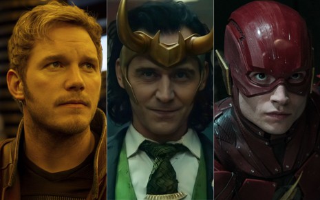 Montagem com atores Chris Pratt, à esquerda, Tom Hiddleston, no meio, e Ezra Miller, à direita