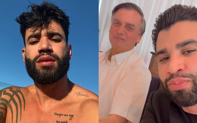 Montagem com fotos de Gusttavo Lima e do sertanejo junto com Jair Bolsonaro