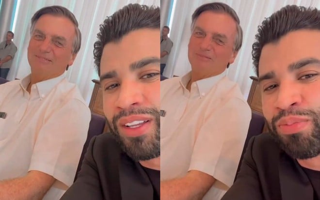 Montagem com cenas de Jair Bolsonaro e Gusttavo Lima em Brasília