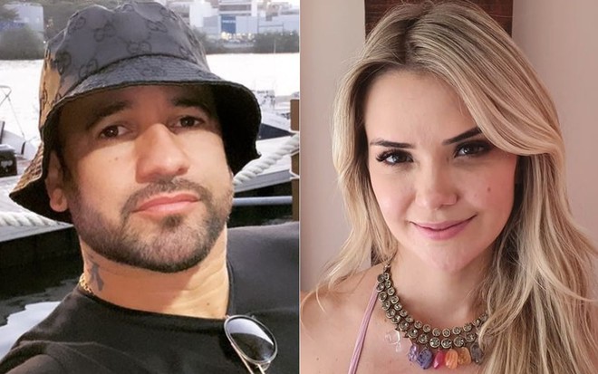 Hadson Nery de camiseta preta, barba e chapéu; Marcela loira, cabelo liso e vestido rosa de alça