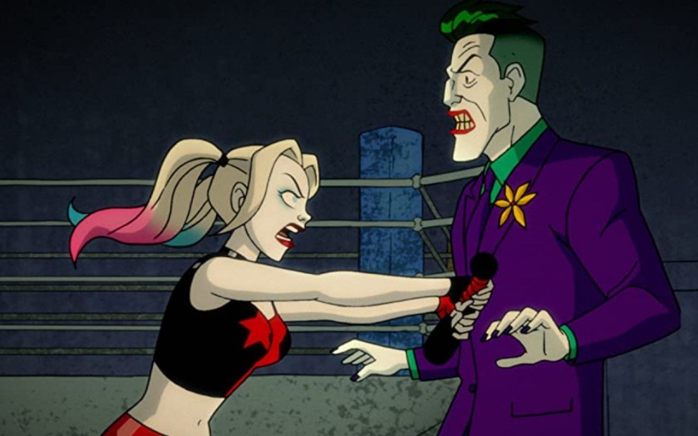 Arlequina empurra o Coringa em cena de Harley Quinn