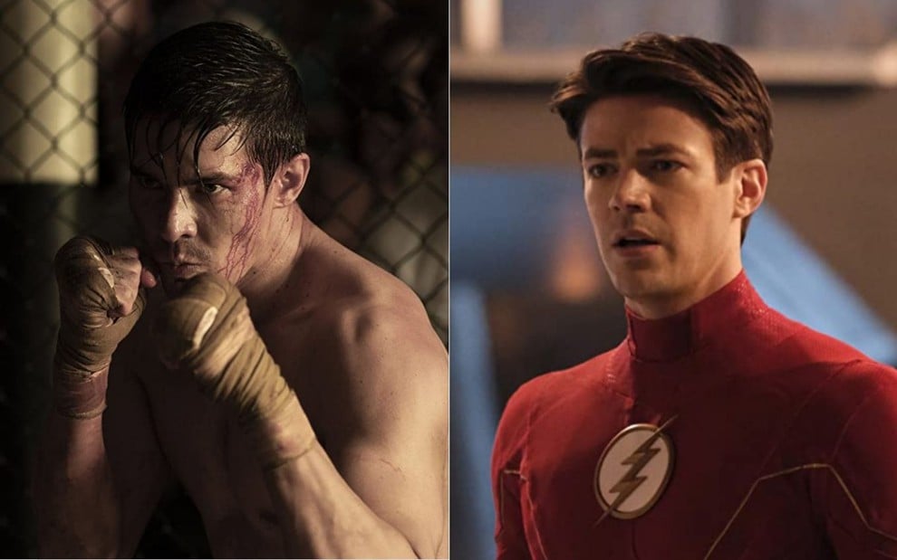 Montagem com Lewis Tan em cena de Mortal Kombat e Grant Gustin em cena da sétima temporada de The Flash