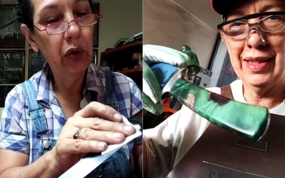 Montagem com dois momentos de Silvana Mouzinho no Instagram: à esquerda, ela lixa a lâmina de uma faca; à direita, mostra um cabo trabalhado