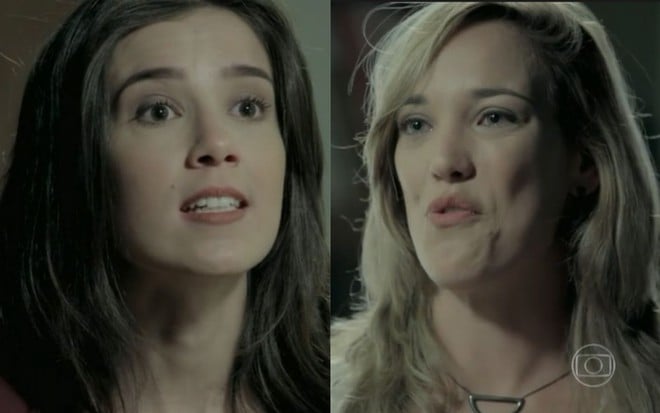 Montagem com as fotos de Cora (Marjorie Estiano) e Amanda (Adriana Birolli); as duas estão na sala da mansão dos Medeiros em cena de Império