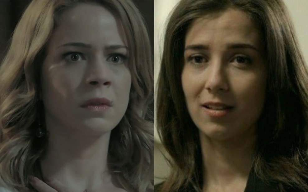 Montagem com as fotos de Cristina (Leandra Leal) e Cora (Marjorie Estiano) com cenas das duas na novela em Império
