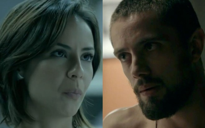 Montagem com as fotos de Maria Clara (Andréia Horta) e Vicente (Rafael Cardoso)  com cenas de Império