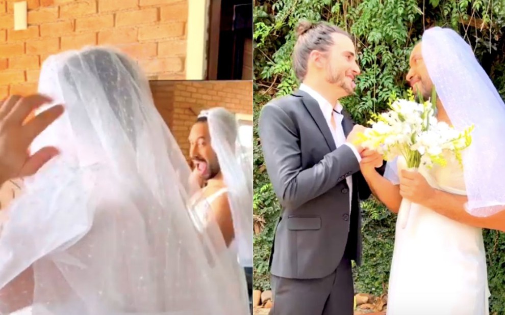 Montagem de fotos com Gilberto Nogueira, o Gil do Vigor, usando vestido de noiva em frente a um espelho (à esquerda) e na direita com Fiuk, eles se olham apaixonados