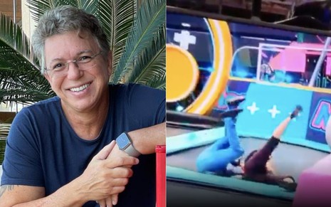 Montagem de fotos com o diretor da Globo J.B. Oliveira, o Boninho, sorrindo e posando (à esquerda) e caído em uma cama elástica em vídeo (à direita)