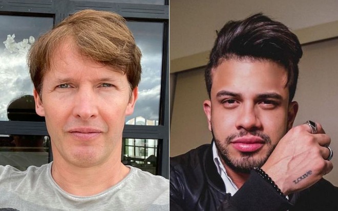 Montagem de fotos com os cantores James Blunt (à esq.) e Ávine Vinny (à dir.); fotos publicadas no Instagram em que eles aparecem sérios