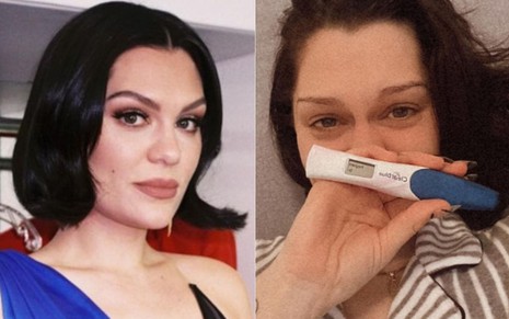 Montagem de fotos com a cantora Jessie J em que ela aparece maquiada e sorrindo (à esquerda) e segurando um teste de gravidez na frente de seu rosto (à direita)