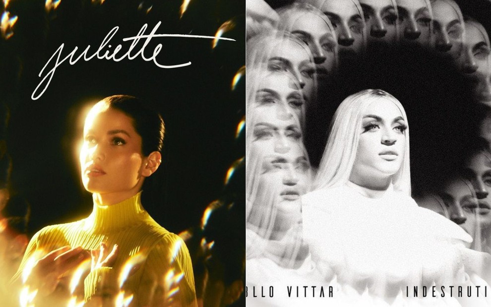 Montagem de fotos com as cantoras Juliette Freire (à esquerda) e Pabllo Vittar (à direita) nas capas dos ábuns Juliette e Indestrutível, respectivamente