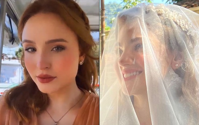 Montagem com as fotos de Larissa Manoela em carrinho elétrico, e Debora Ozório vestida de noiva com o rosto coberto com véu
