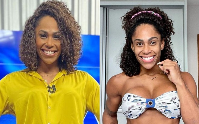 Montagem de fotos da apresentadora Lise Oliveira no Aratu Notícias na TV Aratu, afiliada do SBT em Salvador (BA), e em foto publicada no Instagram